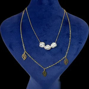 گردنبند زنانه مدل دو لاین برگ و مروارید طبیعی