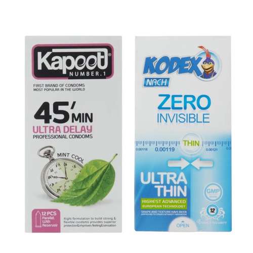 کاندوم تاخیری کاپوت مدل 45MIN بسته 12 عددی به همراه کاندوم کلاسیک کدکس مدل ZERO INVISIBLE بسته 12 عددی