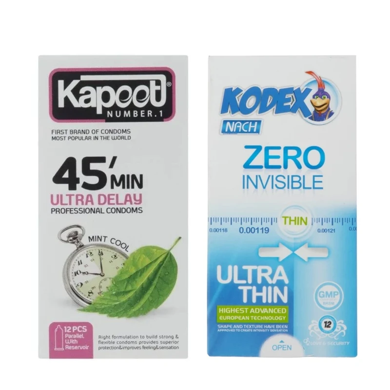 کاندوم تاخیری کاپوت مدل 45MIN بسته 12 عددی به همراه کاندوم کلاسیک کدکس مدل ZERO INVISIBLE بسته 12 عددی