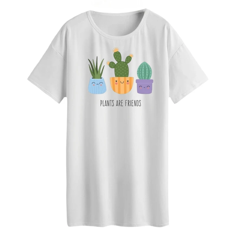 تی شرت لانگ زنانه مدل دوست های کاکتوس رنگ سفید