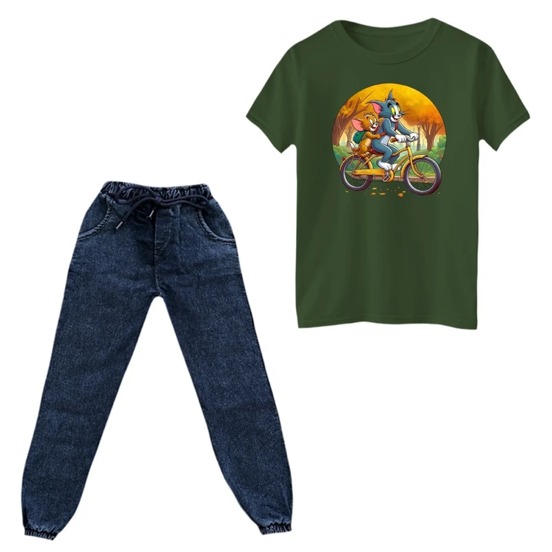 ست تی‌شرت و شلوار پسرانه مدل تام و جری دوچرخه