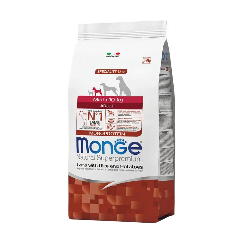 غذای خشک سگ بالغ مونژ نژاد کوچک مدل Monge Mini Adult با طعم بره، برنج و سیب زمینی وزن 7.5 کیلوگرم