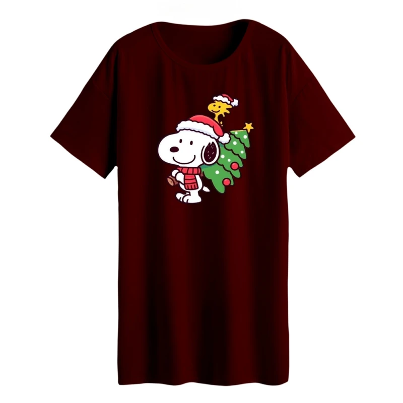 تی شرت لانگ آستین کوتاه  زنانه مدل اسنوپی کریسمس کد 6 رنگ زرشکی