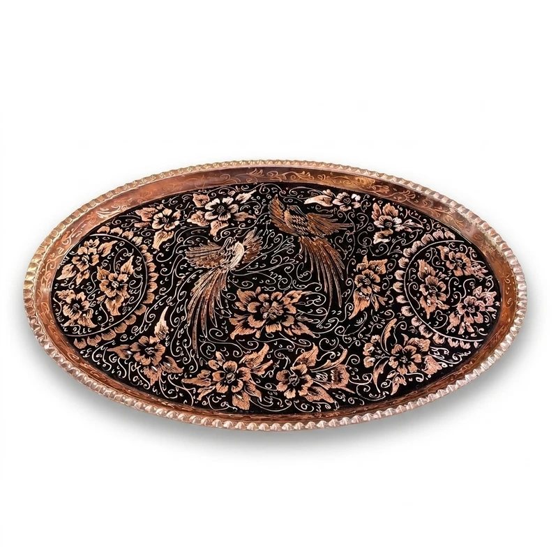 سینی مسی مدل الماس تراش طرح گل و مرغ