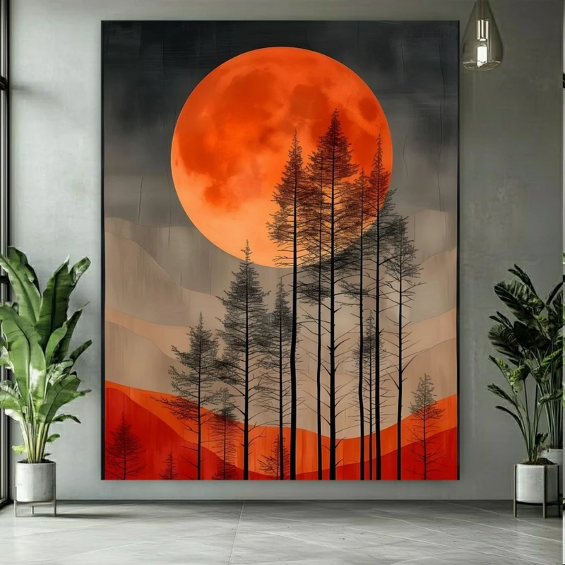 پوستر طرح نقاشی طبیعت مدل کاج و ماه کد BK24499