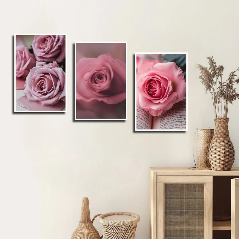 تابلو بکلیت طرح گل رز مدل W-3929 فریم سفید مجموعه 3 عددی