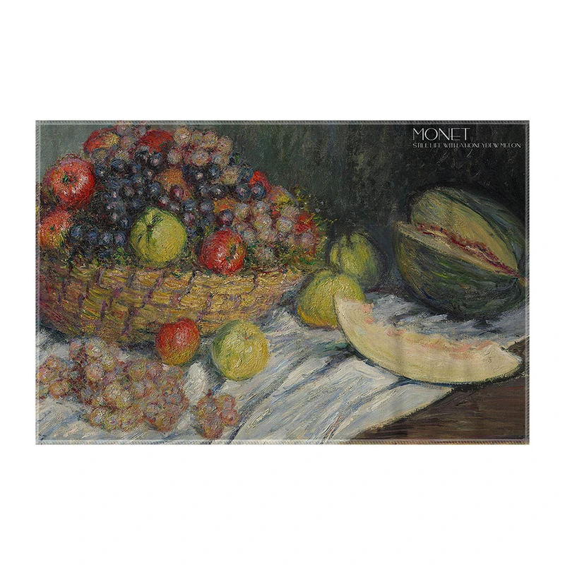 کاغذ کادو ترمه طراحان ایده مدل طبیعت بی جان با خربزه شیرین از مونه کد art0214 سایز 57x37 سانتی متر