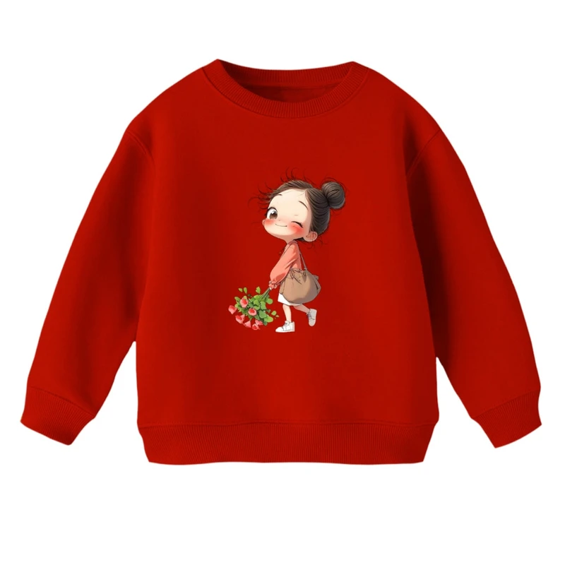 سویشرت بچگانه مدل دخترک و دسته گل رنگ قرمز