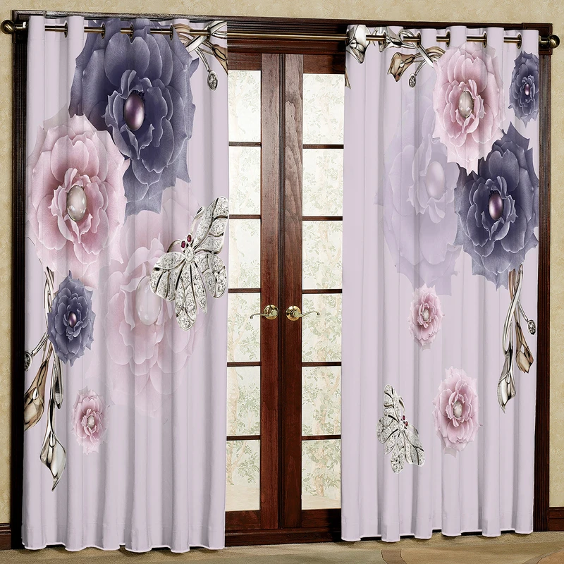 پرده طرح گل بنفش صورتی مدل مخمل پانچی کد 2_1258 W سایز 140x280 سانتی متر