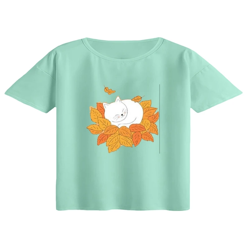 کراپ تی‌شرت آستین کوتاه زنانه مدل گربه پاییزی