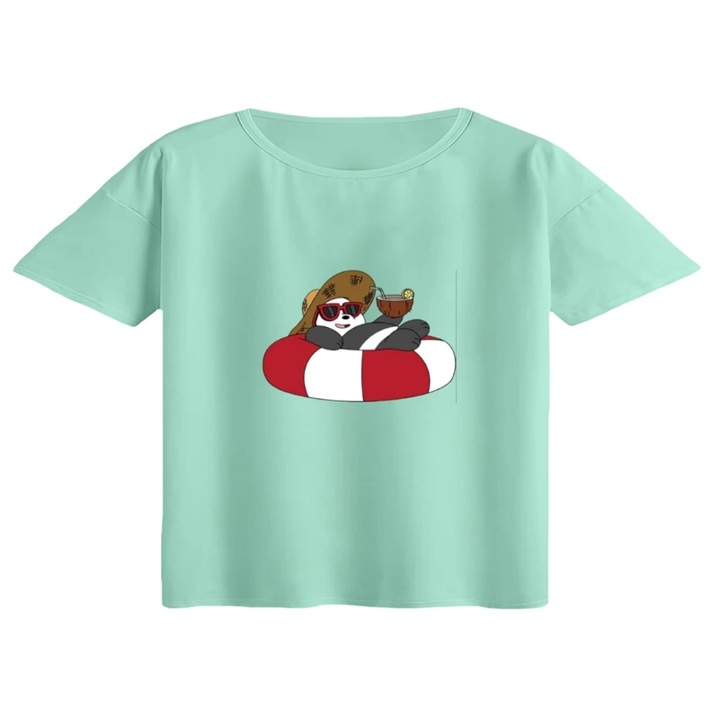 کراپ تی‌شرت آستین کوتاه زنانه مدل خرس رنگ سبز روشن