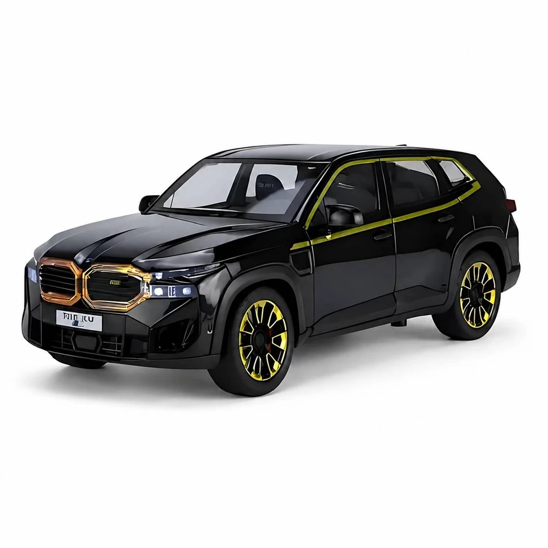 ماشین بازی شاسی‌بلند غیرکنترلی مدل BMW XM با بدنه فلزی، درهای بازشو از بغل، آینه متحرک، چرخ‌های پلاستیکی و منبع انرژی باتری سکه‌ای