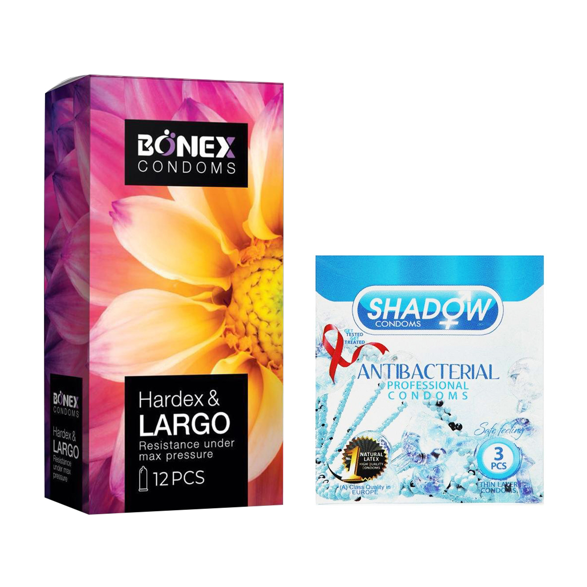 کاندوم بونکس مدل Hardex & Largo بسته 12 عددی به همراه کاندوم شادو مدل Anti Bacterial بسته 3 عددی 