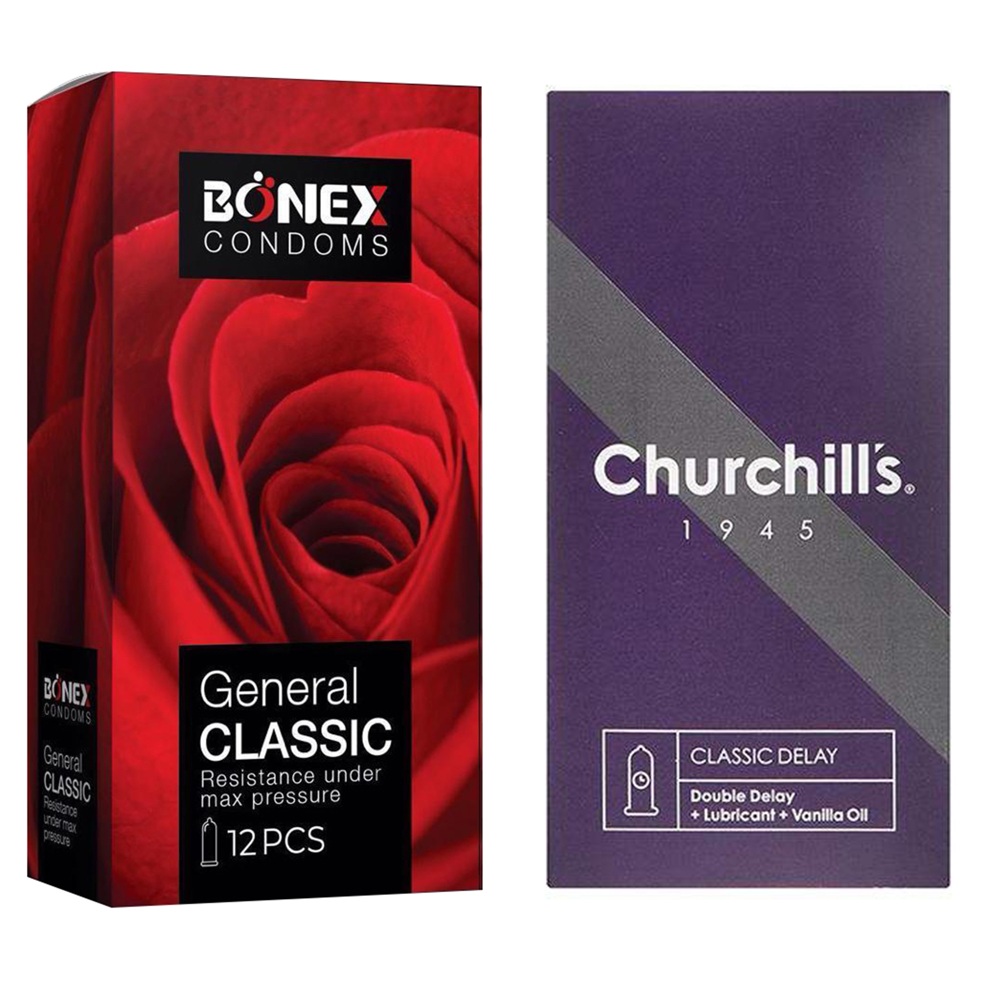 کاندوم چرچیلز مدل Classic Delay بسته 12 عددی به همراه کاندوم بونکس مدل General Classic بسته 12 عددی 