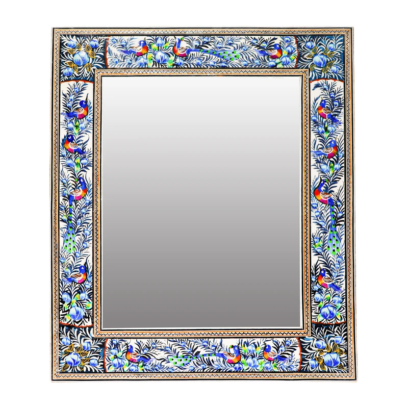 آینه خاتم کاری چوبی صنایع دستی فاخر مدل مینیاتوری طرح گل و مرغ برجسته کد Bl40p31in3021