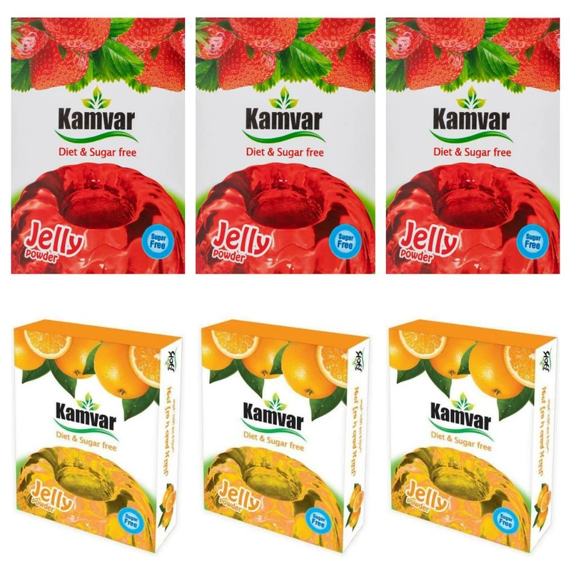 پودر ژله رژیمی بدون قند با طعم توت فرنگی و پرتقال کامور -36 گرم بسته 6 عددی