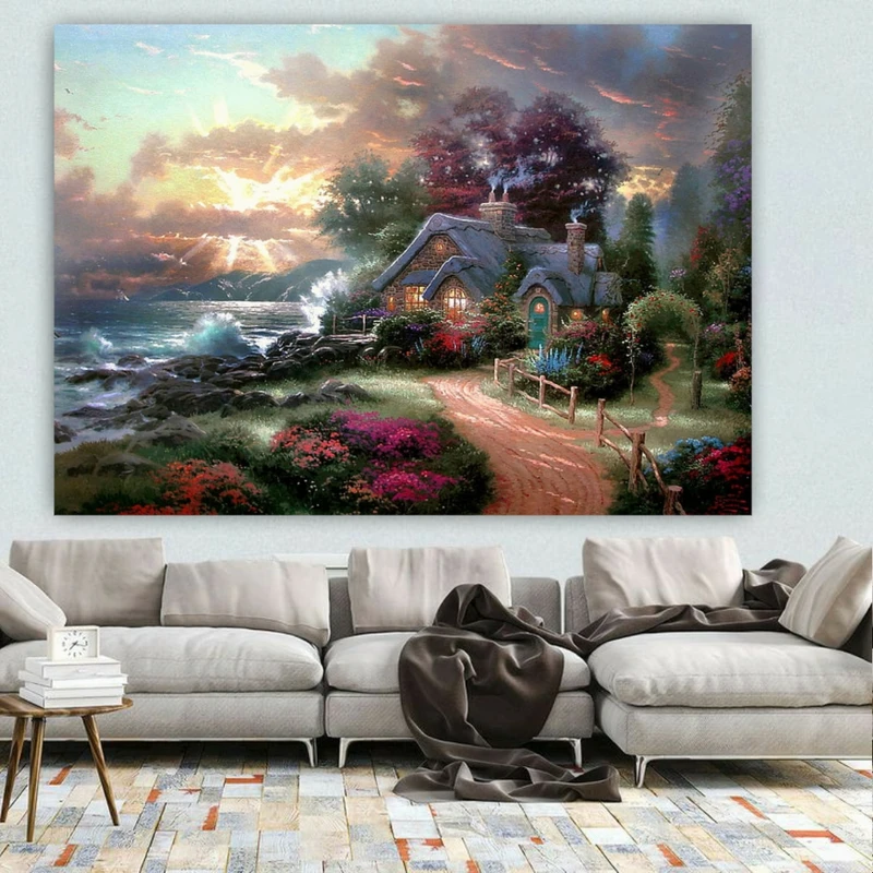 پوستر پارچه ای طرح مخمل کلبه ساحلی مدل غروب اقیانوس کد BK24275