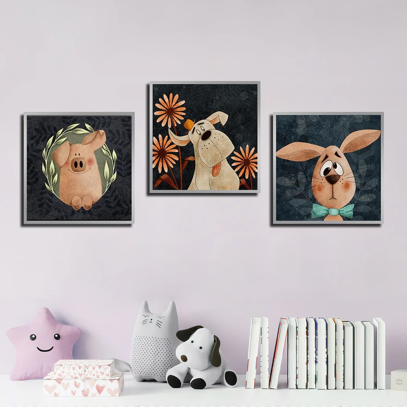 تابلو بکلیت طرح نقاشی حیوانات سگ و خوک مدل SI-3825 فریم نقره ای مجموعه 3 عددی