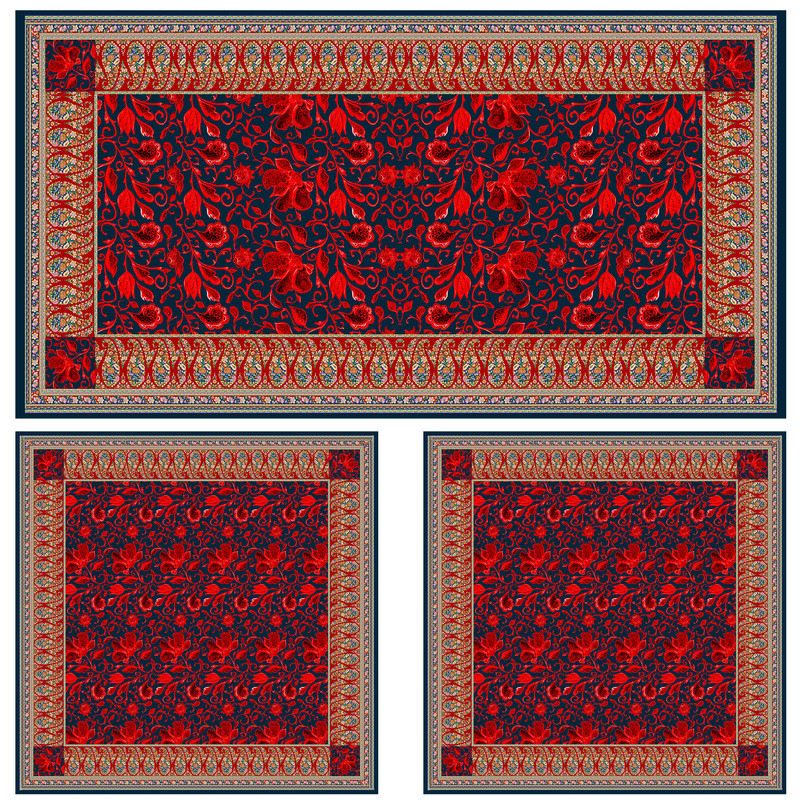 ست رومیزی سه تکه مدل مستطیل مربع طرح بته جقه کد 9982