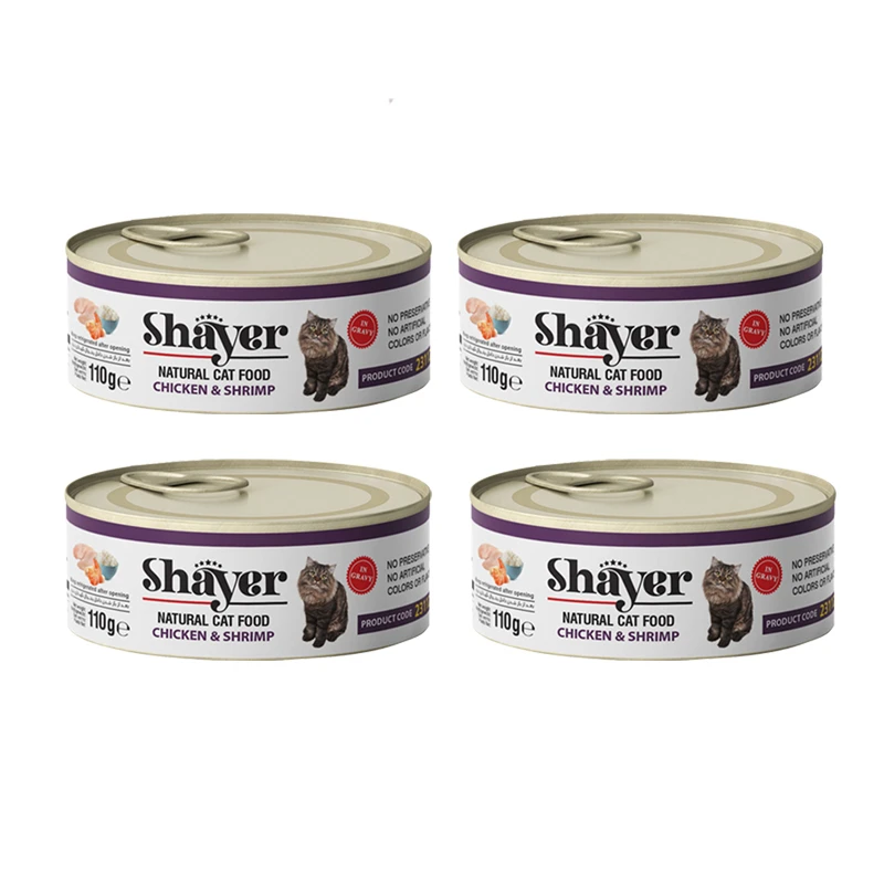 کنسرو گربه شایر مدل مرغ و میگو وزن 110 گرم بسته 4 عددی