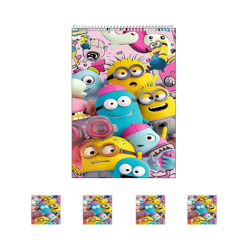 دفتر نقاشی 50 برگ مدل مینیون‌ ها طرح کیوت کد A1 به همراه برچسب مجموعه 5 عددی