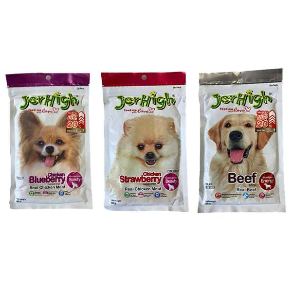 تشویقی سگ جرهای مدل بلوبری ، گوشت و توت فرنگی وزن 60 گرم مجموعه 3 عددی