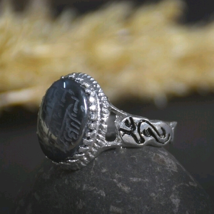 انگشتر نقره مردانه مدل سنگ حدید صینی طرح یاعلی کد 22