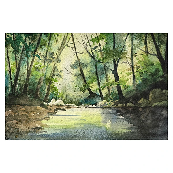 نقاشی آبرنگ طرح رودخانه جنگلی کد 142