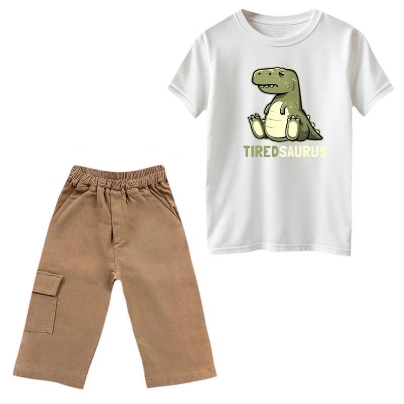 ست تی‌شرت و شلوارک پسرانه مدل دایناسور خسته