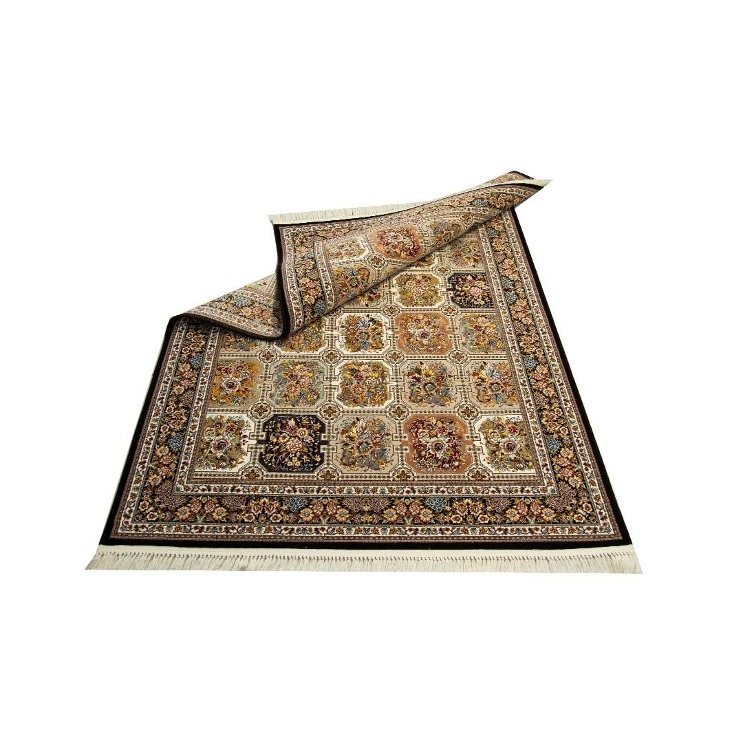 فرش ماشینی قالی تارا مدل خشتی زمینه سرمه ای