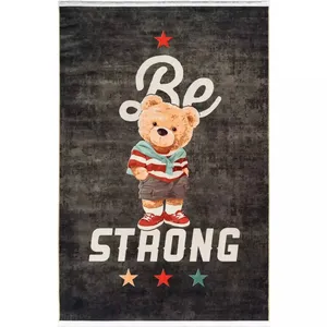 فرش ماشینی 700 شانه محتشم زمینه خاکستری حاشیه مشکی مدل خرس قوی کد 25KM0100