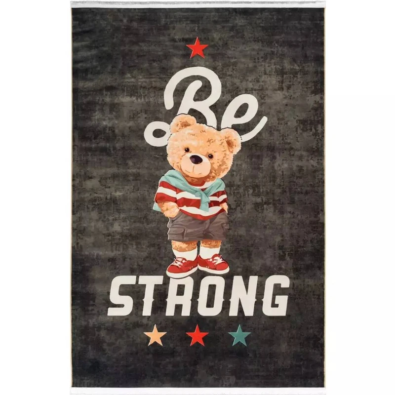 فرش ماشینی 700 شانه محتشم زمینه خاکستری حاشیه مشکی مدل خرس قوی کد 25KM0100