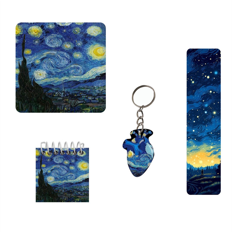 بسته لوازم تحریر مدل 4 تکه چوبی طرح ونگوگ کد2 مجموعه 6 عددی