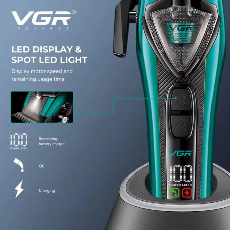 ست ماشین اصلاح موی سر و صورت شارژی وی جی ار مدل V-884 s2 مجموعه 2 عددی وزن 500 گرم با باتری قابل شارژ و صفحه نمایشگر LED