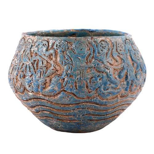 کاسه سفالی طرح باستانی مدل پتینه کاری شده