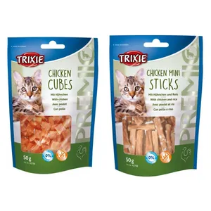 تشویقی گربه تریکسی مدل chicken cubes و chicken mini sticks وزن 50 گرم مجموعه دو عددی