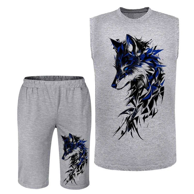 ست تاپ و شلوارک راحتی مردانه مدل A474 طرح گرگ رنگ طوسی