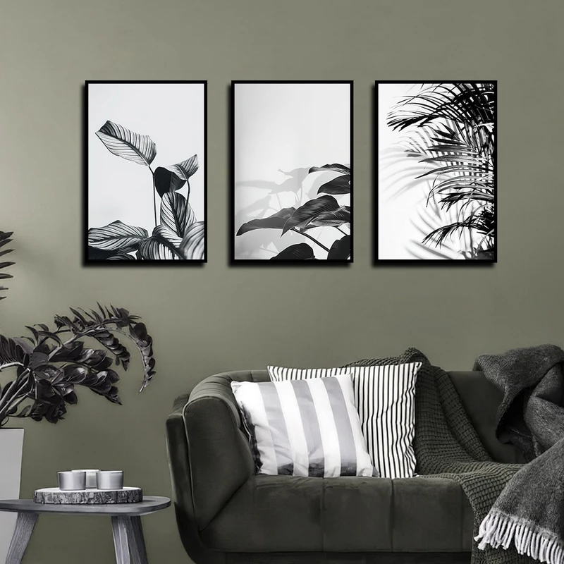 تابلو بکلیت طرح طبیعت و برگ مدل B-3941 فریم مشکی مجموعه 3 عددی