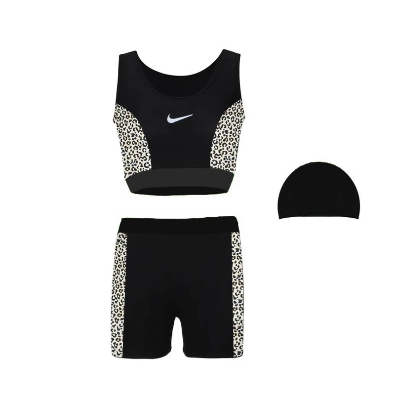 مایو زنانه مدل دوتکه پادار طرح پلنگی به همراه کلاه