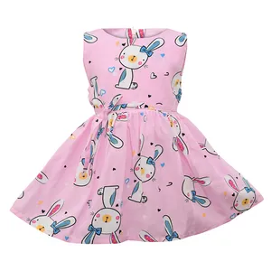 پیراهن بدون آستین یقه گرد دخترانه گنجشکک مدل نخی تابستانه طرح خرگوش و پاپیون رنگ صورتی