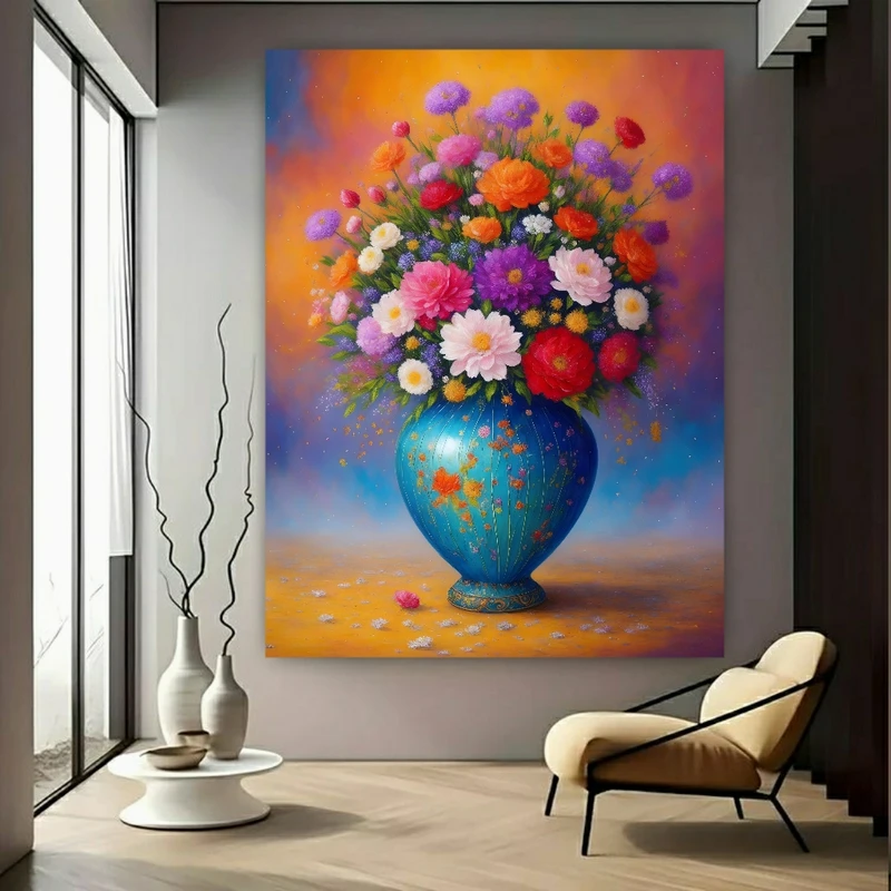 پوستر پارچه ای طرح مخمل گلدان فیروزه مدل گل های رنگارنگ کد FP106398