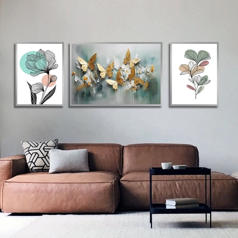 تابلو ساده بکلیت طرح نقاشی گل و پروانه طلایی مدل شاین اکلیلی SI-2505 فریم نقره ای مجموعه 3 عددی