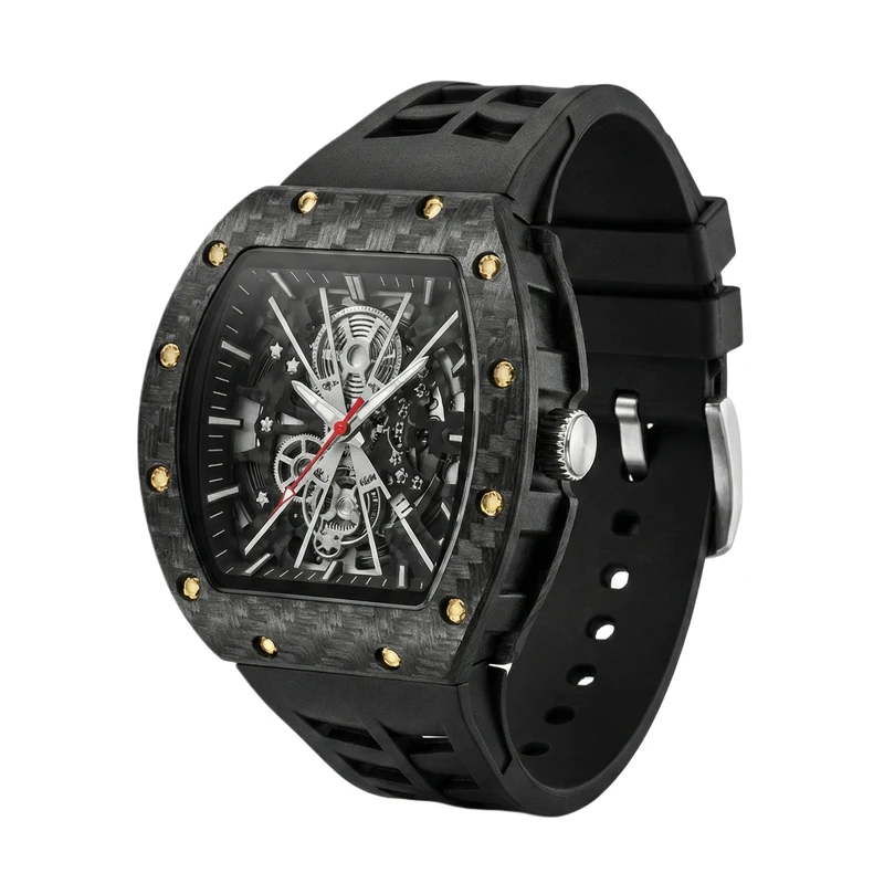 ساعت مچی عقربه‌ای کوارتز مردانه مدل اسپرت تک موتوره صفحه نیمه اسکلتون بند پیو کد R۱