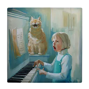 کاشی کارنیلا طرح دختر پیانیست و گربه آوازه خوان مدل لوحی کد klh2020