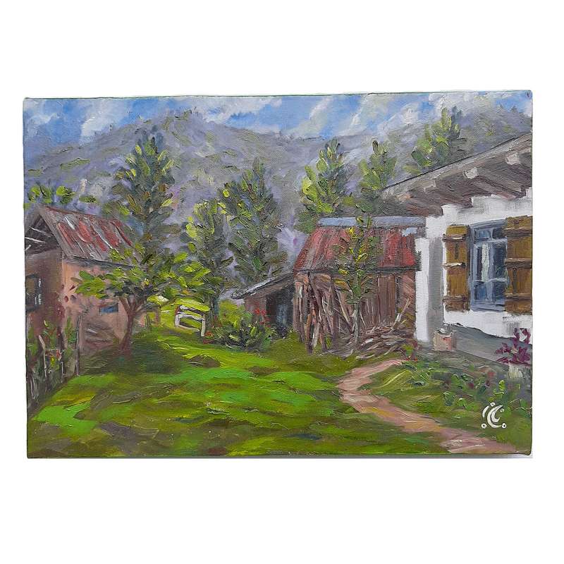  تابلو نقاشی رنگ روغن طرح خانه روستایی کد M002