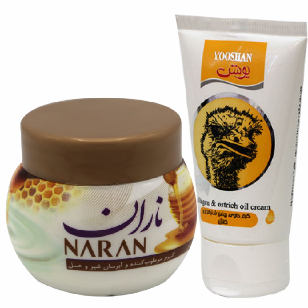 کرم مرطوب کننده یوشن مدل شتر مرغ حجم 50 میلی لیتر به همراه کرم مرطوب کننده ناران مدل شیر عسل حجم 180 میلی لیتر