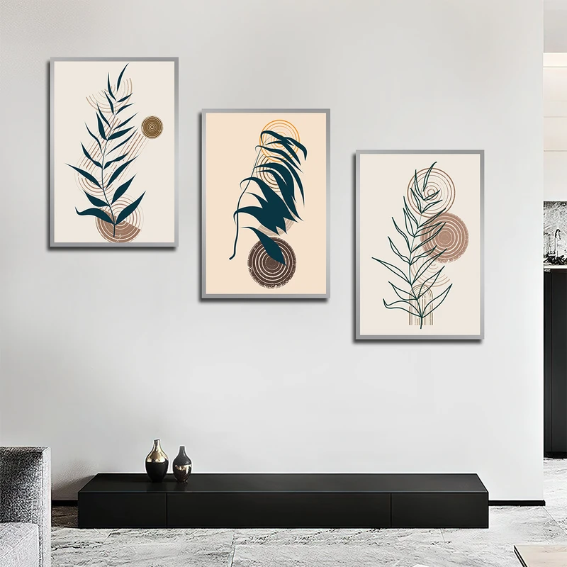 تابلو بکلیت طرح نقاشی مینیمال برگ مدل SI-3242 فریم نقره ای مجموعه 3 عددی