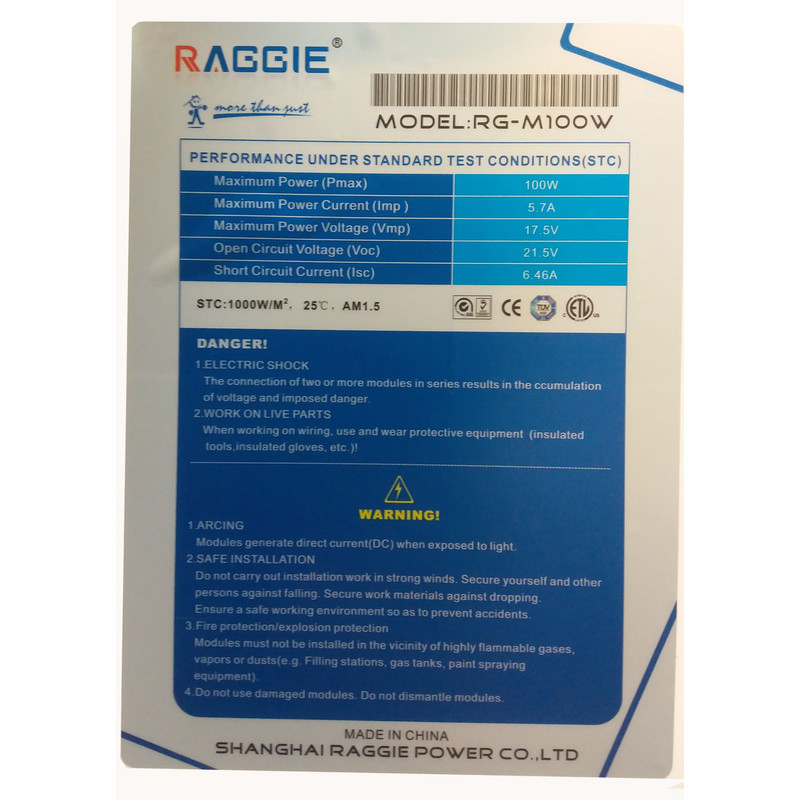 پنل خورشیدی راگی مدل RG-M100W ظرفیت 100 وات