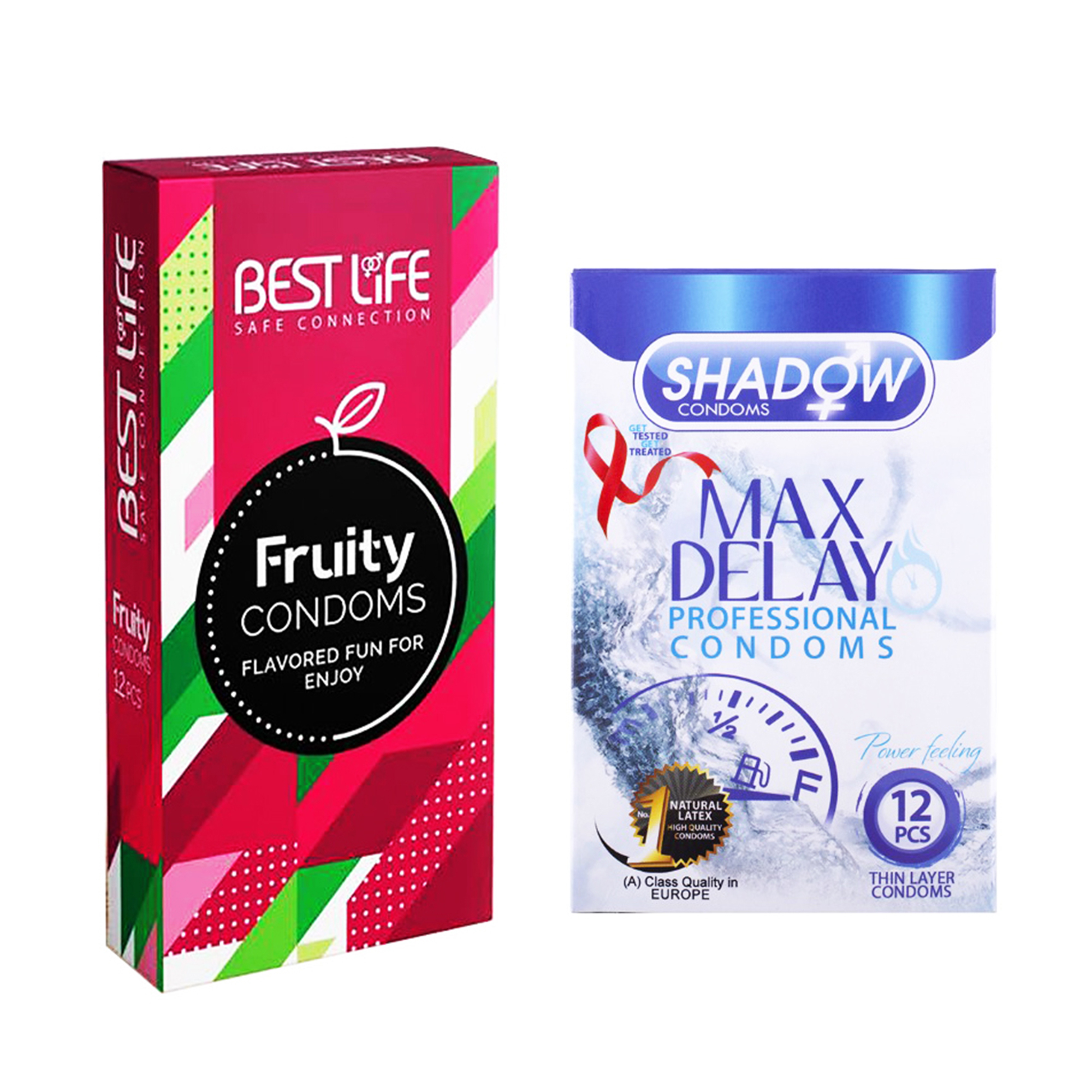 کاندوم بست لایف مدل Fruity بسته 12 عددی به همراه کاندوم شادو مدل Max Delay بسته 12 عددی