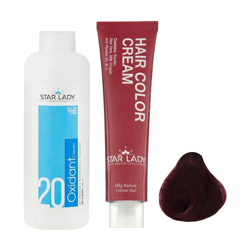 رنگ مو استارلیدی شماره 6.6 حجم 120 میلی لیتر رنگ ماهگونی متوسط به همراه اکسیدان استارلیدی مدل 20 شش درصدی حجم 180 میلی لیتر